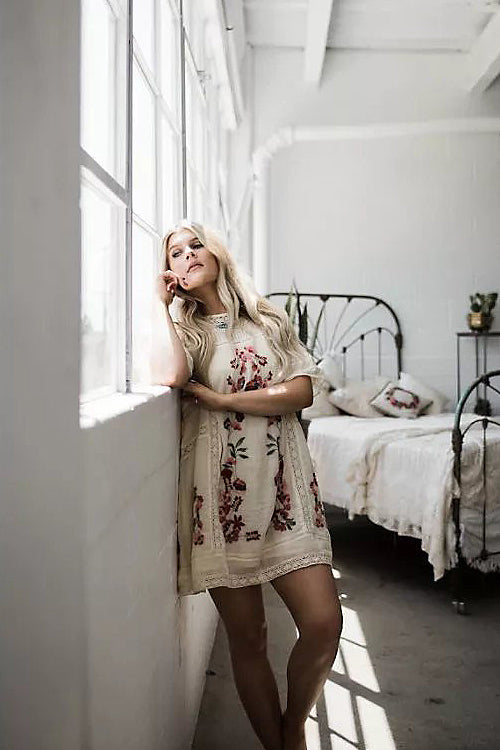 Mock Neck Flutter Sleeve Pintuck Floral Embroidery Eyelet Trim Mini Dress