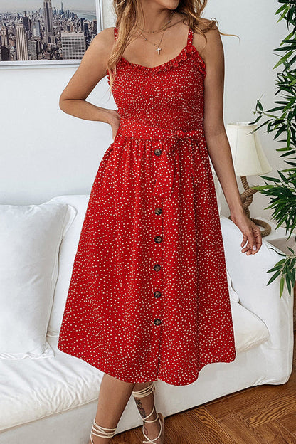 Polka Dot Smocked Bodice Button Front Tie Waist Midi Dress
