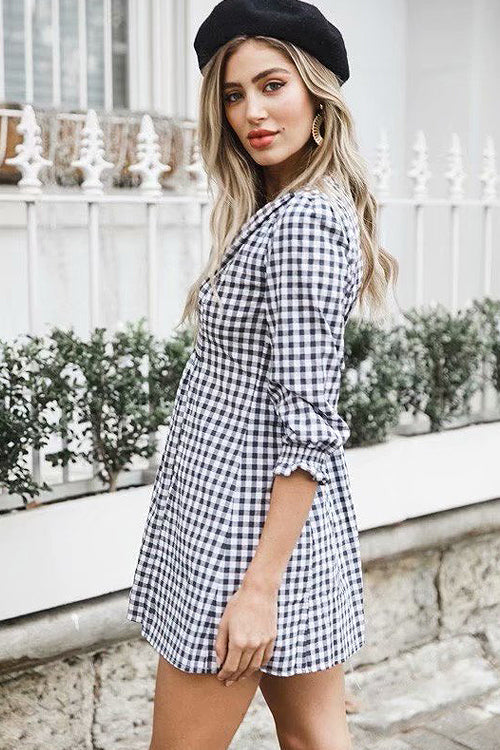 Deep V Smocked Waist Bishop Sleeve Gingham Mini Dress
