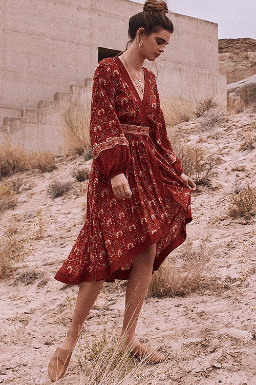 Deep V Neck Long Bishop Sleeve Empire Waist Border Print High Low Wrap Dress