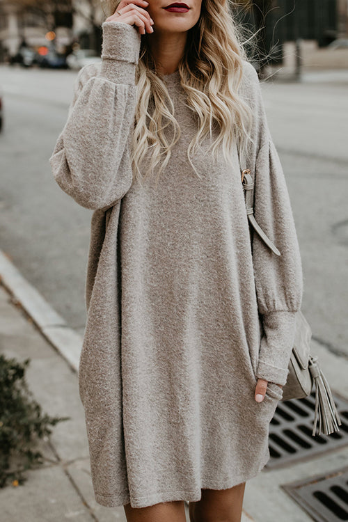 Crew Neck Balloon Sleeve Oversized Pocket Shift Knit Mini Dress