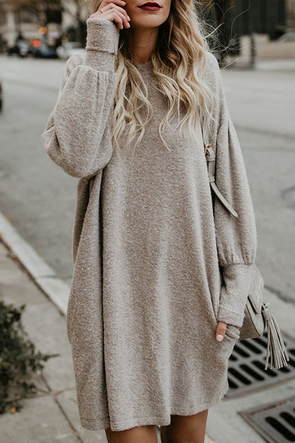 Crew Neck Balloon Sleeve Oversized Pocket Shift Knit Mini Dress