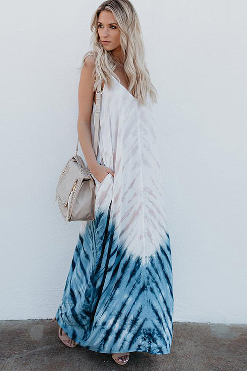 Spaghetti Strap Tie Dye V-Neck Pocket Maxi Dress