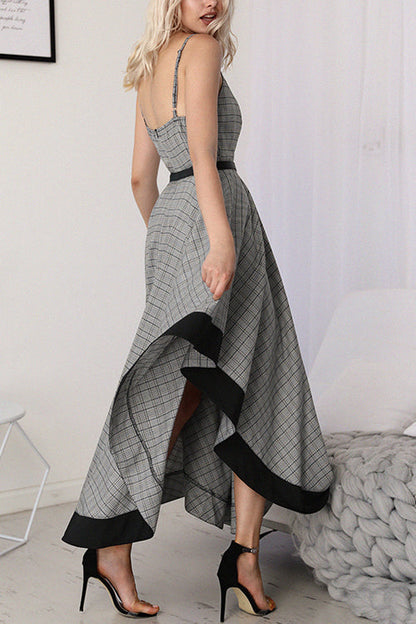 Spaghetti Strap Plaid Handkerchief Hem Belted Maxi Dress