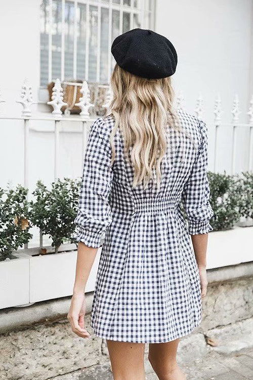 Deep V Smocked Waist Bishop Sleeve Gingham Mini Dress