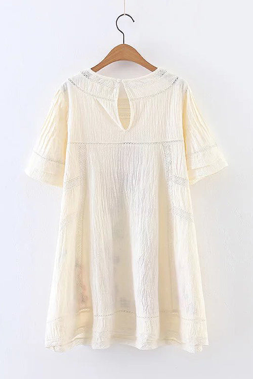 Mock Neck Flutter Sleeve Pintuck Floral Embroidery Eyelet Trim Mini Dress