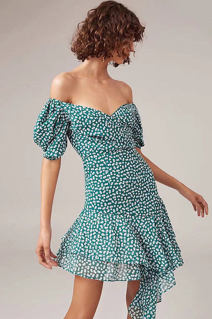 Off Shoulder Sweetheart Ditsy Floral Tiered Ruffle Mini Dress