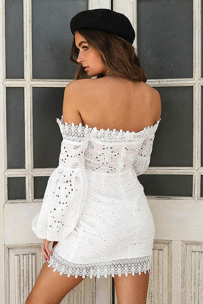 Off Shoulder Floral Eyelet Lace Up Balloon Sleeve Scalloped Mini Dress