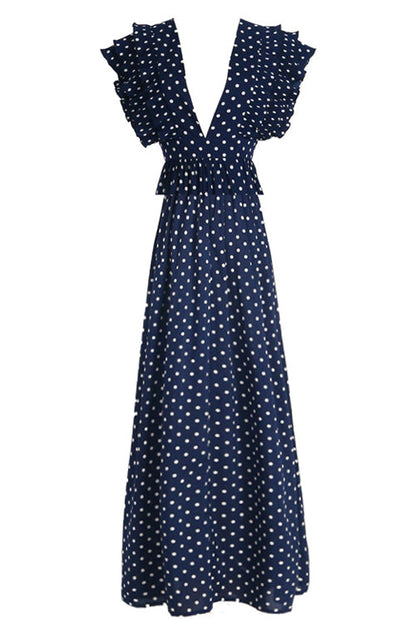 Deep V-Neck Tiered Ruffle Flutter Sleeve Gathered Maxi Gown