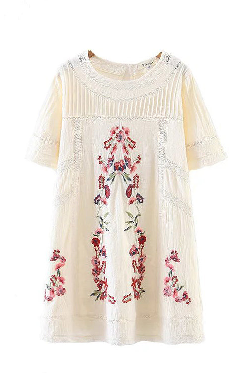 Mock Neck Flutter Sleeve Pintuck Floral Embroidery Eyelet Trim Mini Dress