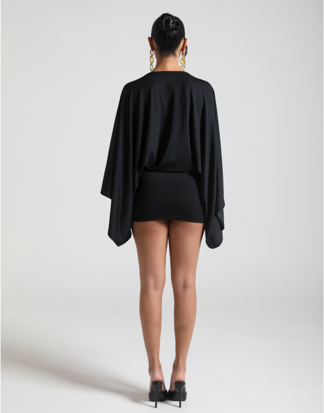Plunge V-Neck Batwing Sleeve Ruched Bodycon Mini Dress