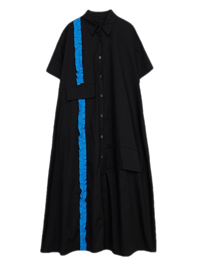 Collared Button Front Ruffle Trim Pocket Shirt Midi Dress