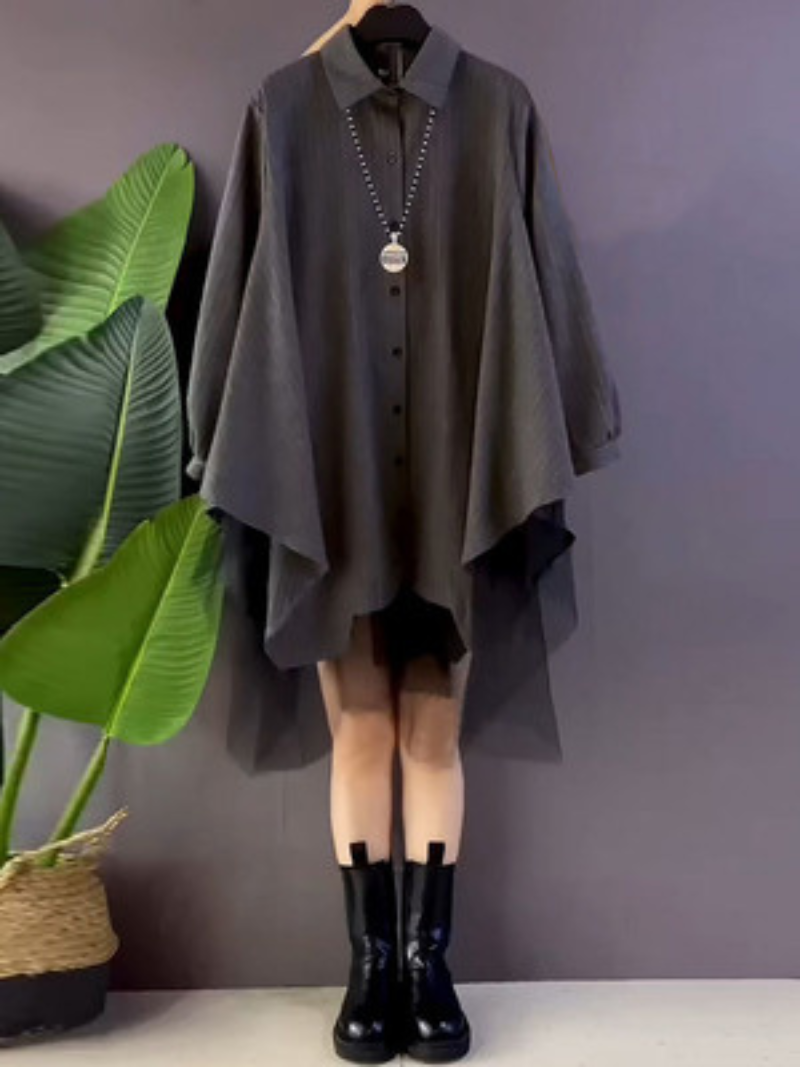 Collared Button Front Handkerchief Hem Tiered Tulle Overlay Shirt Dress
