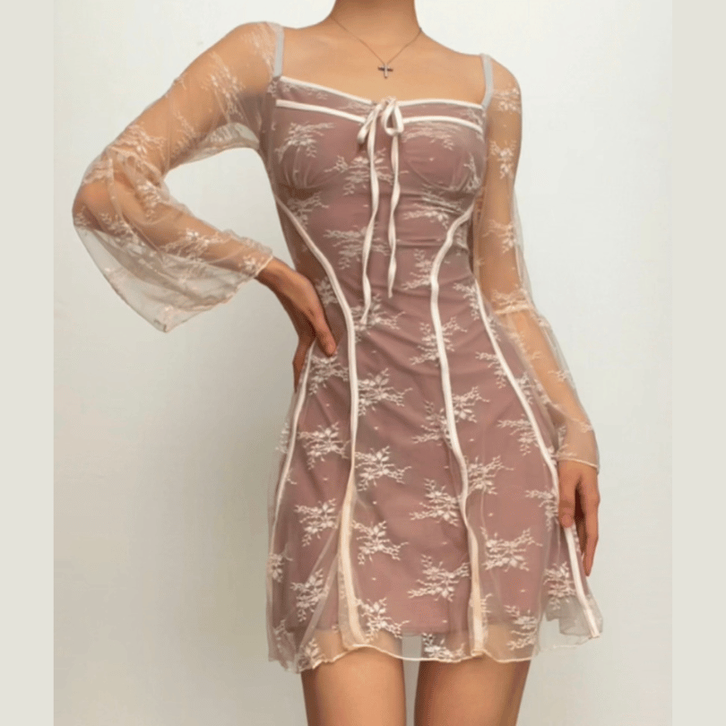 Floral Lace Overlay Square Neck Tie Front Bell Sleeve Mini Dress