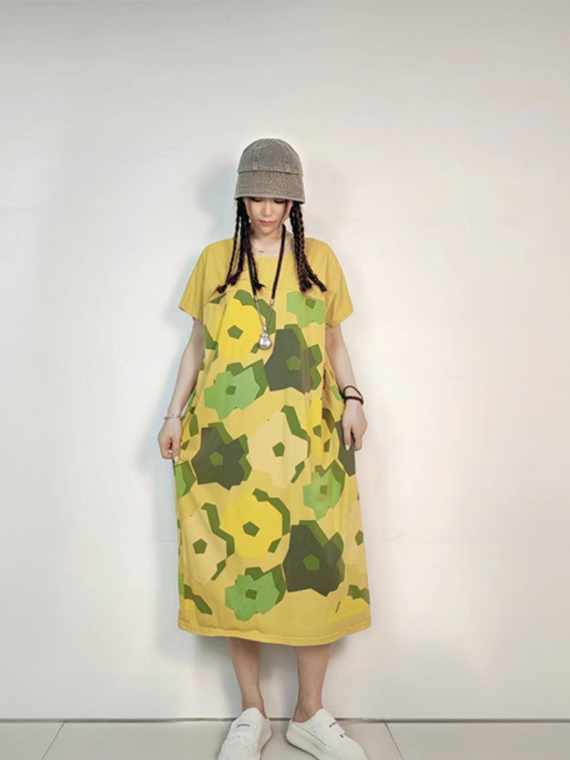 Crew Neck Short Sleeve Abstract Floral Loose Midi Dress