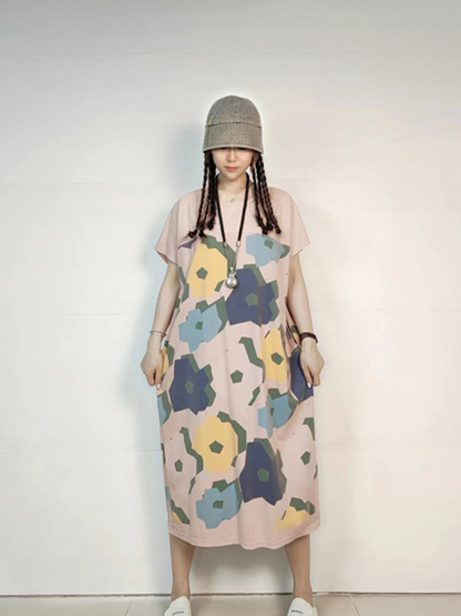 Crew Neck Short Sleeve Abstract Floral Loose Midi Dress
