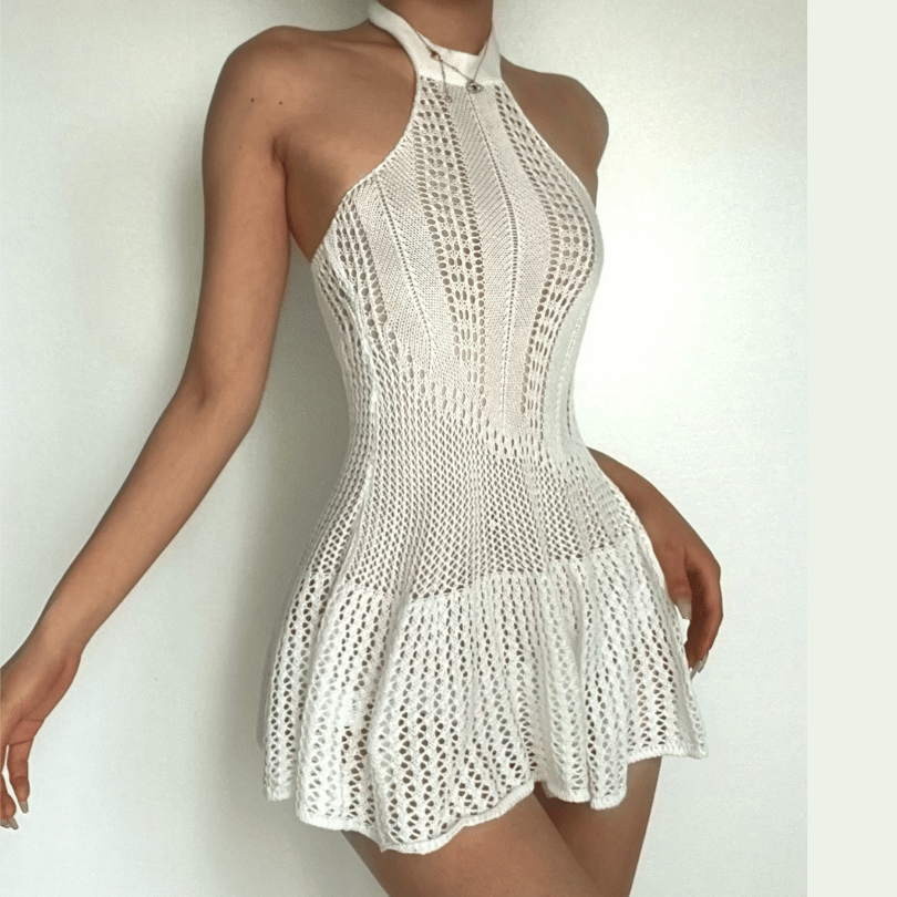 Crochet Halter Neck Open Knit Ruffle Hem Fit and Flare Mini Dress