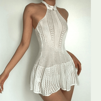 Crochet Halter Neck Open Knit Ruffle Hem Fit and Flare Mini Dress