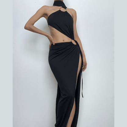 Choker Halter O Ring Cutout High Slit Draped Train Panel Maxi Dress