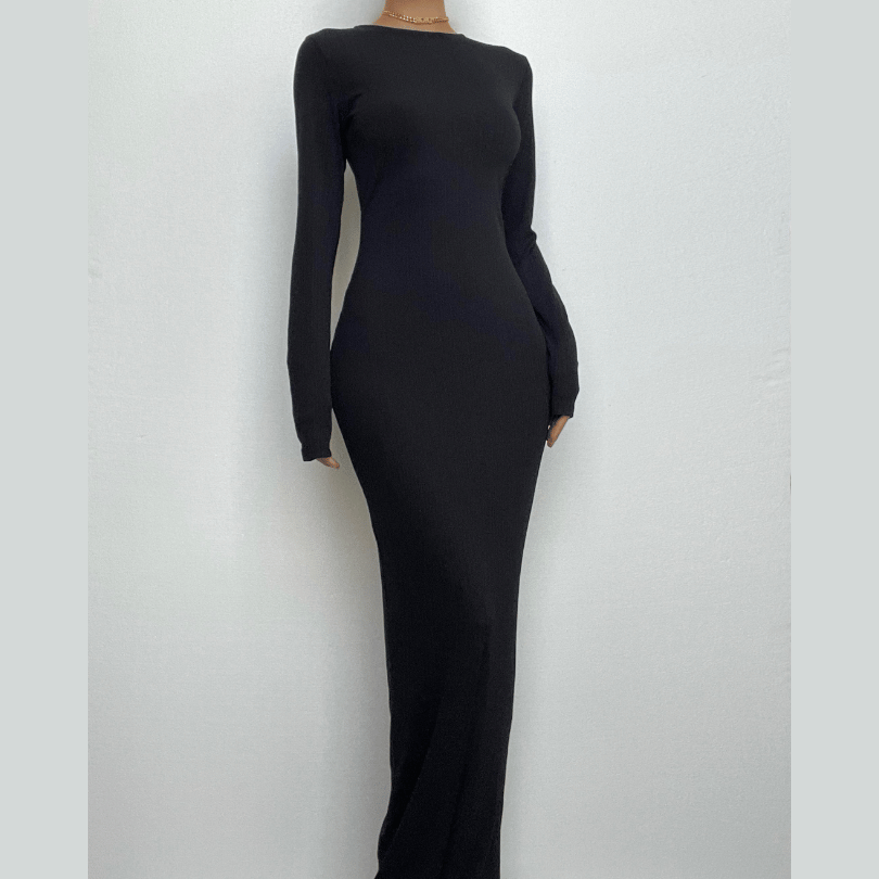 Ribbed Knit Crew Neck Long Sleeve Bodycon Maxi Dress