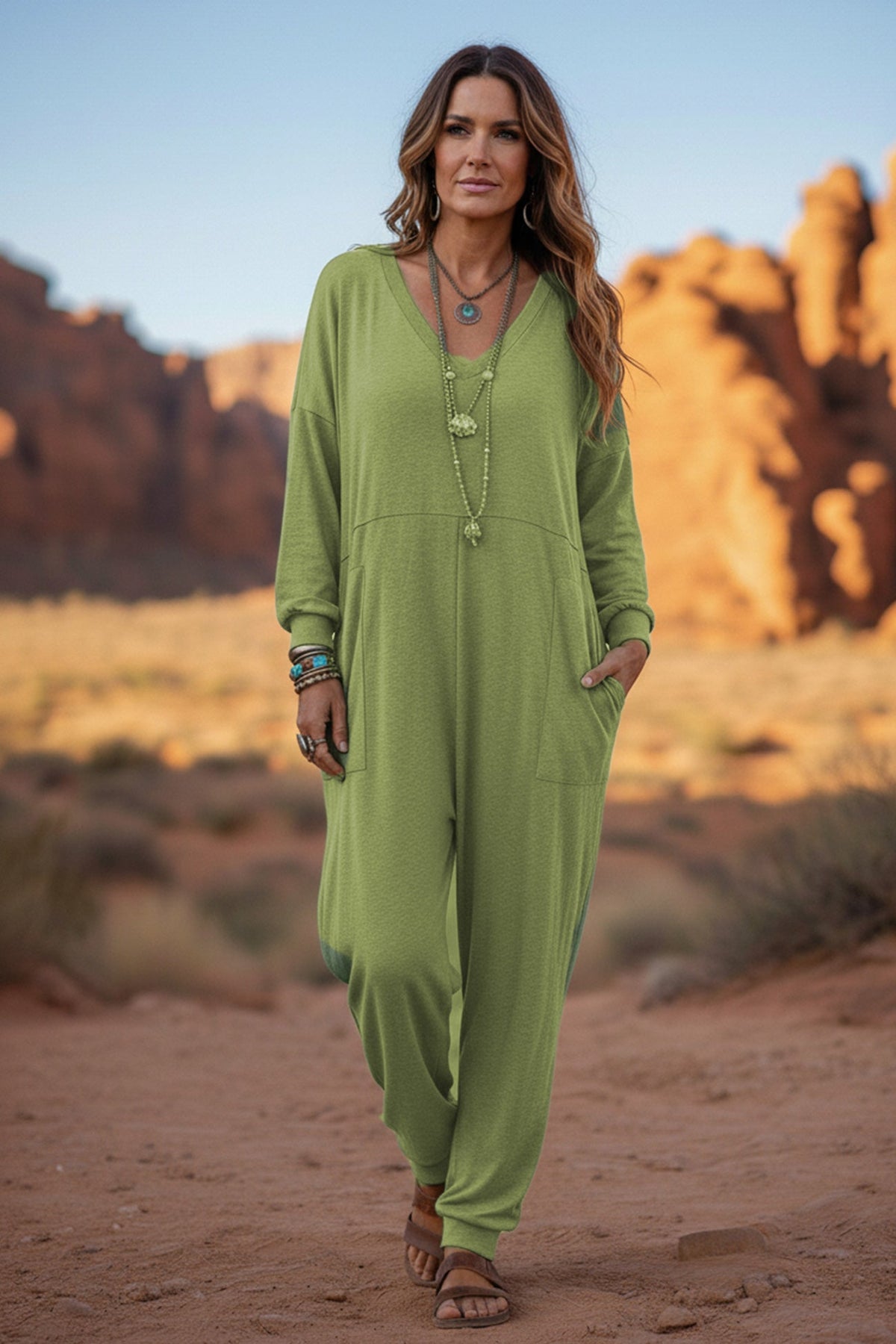 V Neck Drop Shoulder Pocket Jumpsuit