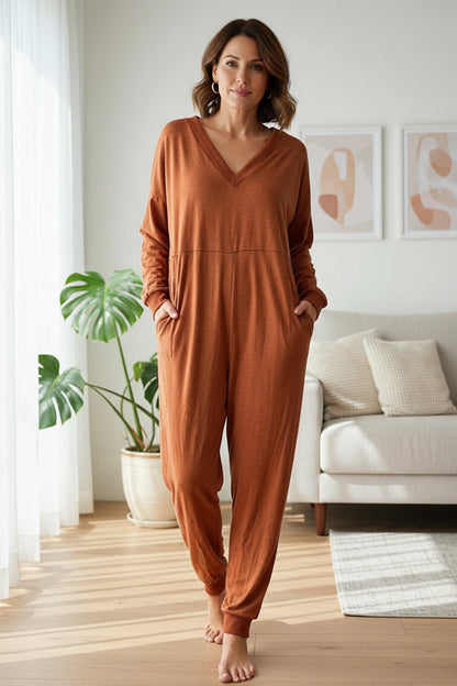 V Neck Drop Shoulder Pocket Jumpsuit