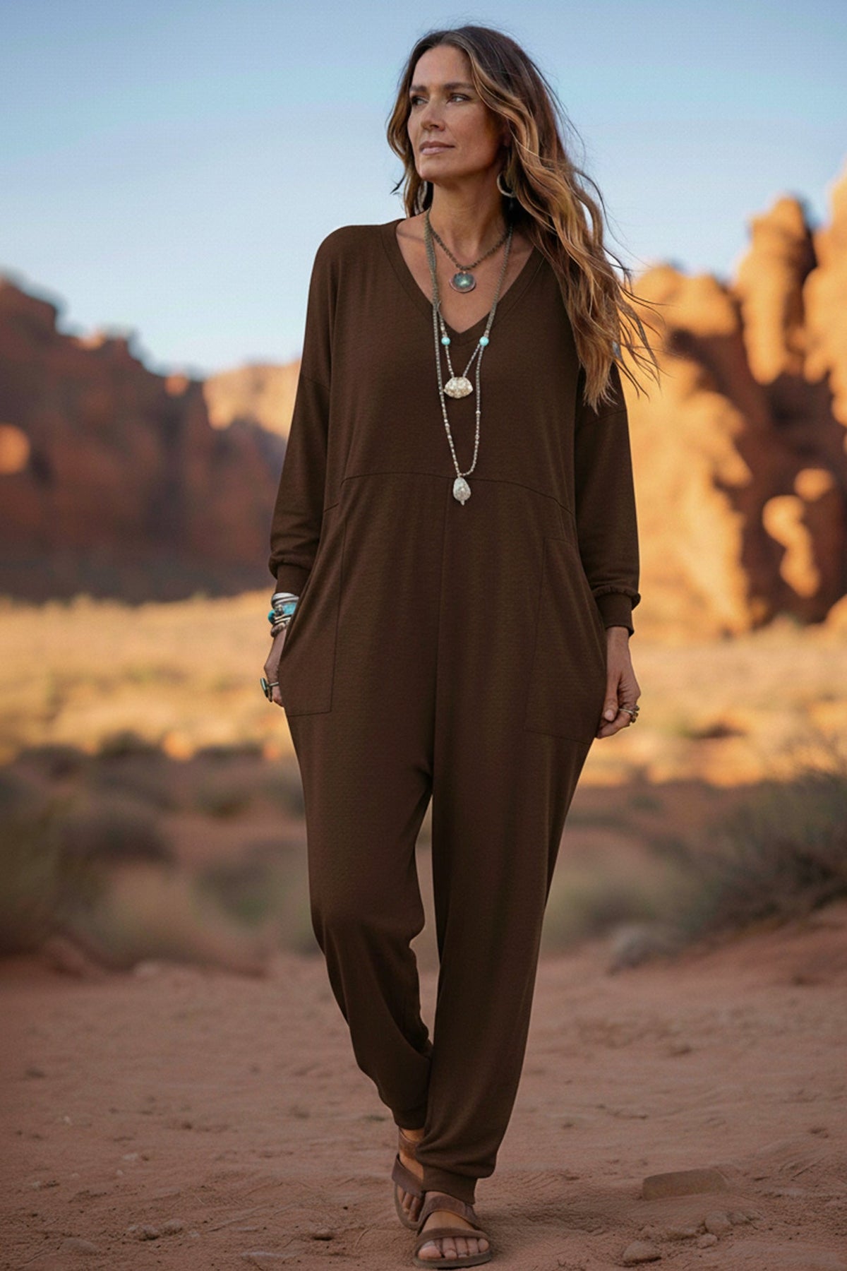 V Neck Drop Shoulder Pocket Jumpsuit