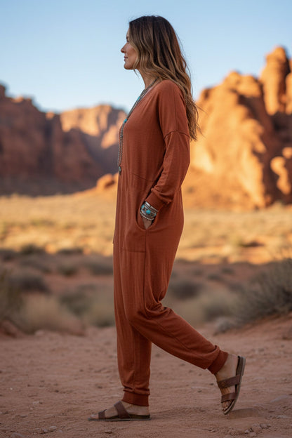 V Neck Drop Shoulder Pocket Jumpsuit