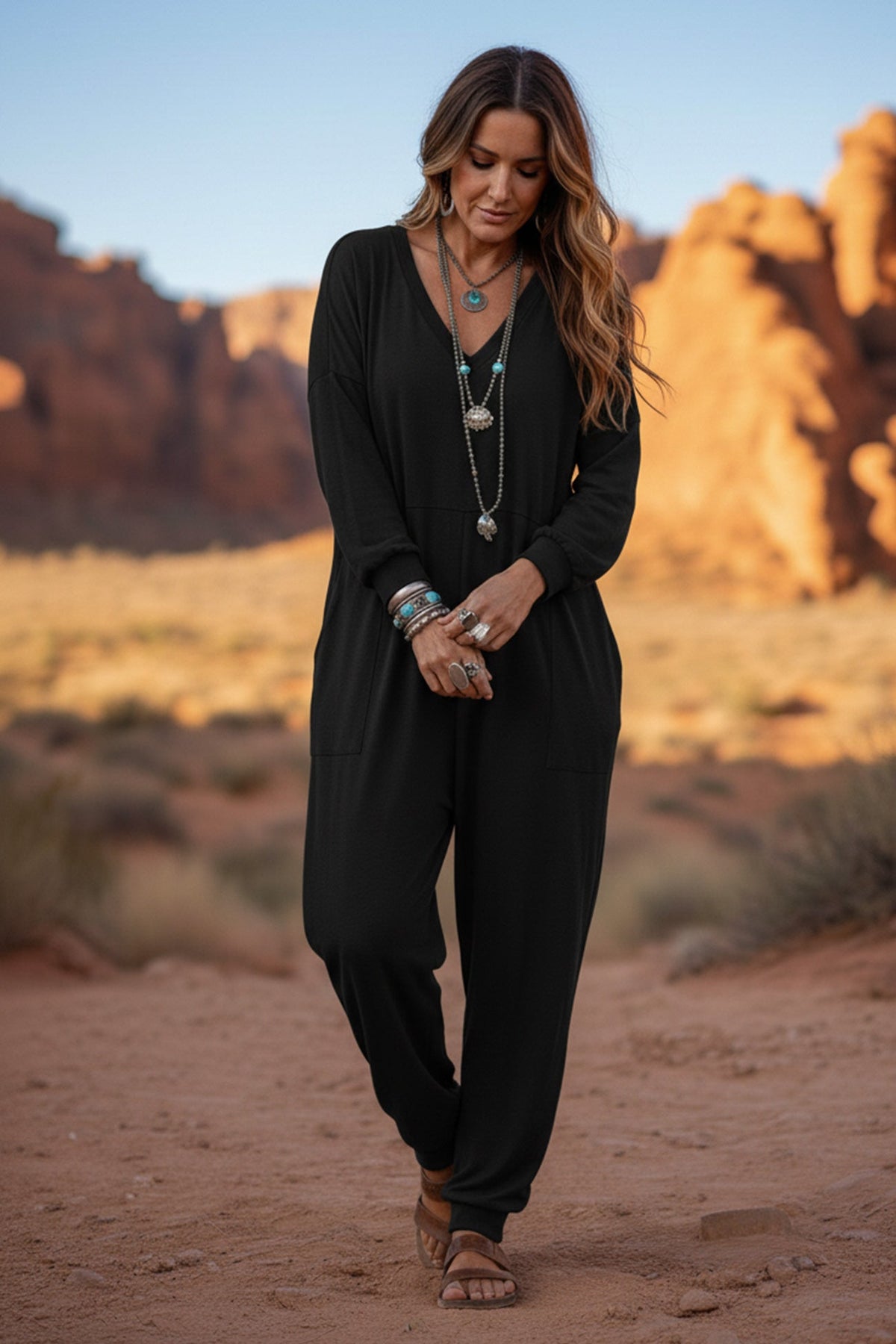 V Neck Drop Shoulder Pocket Jumpsuit