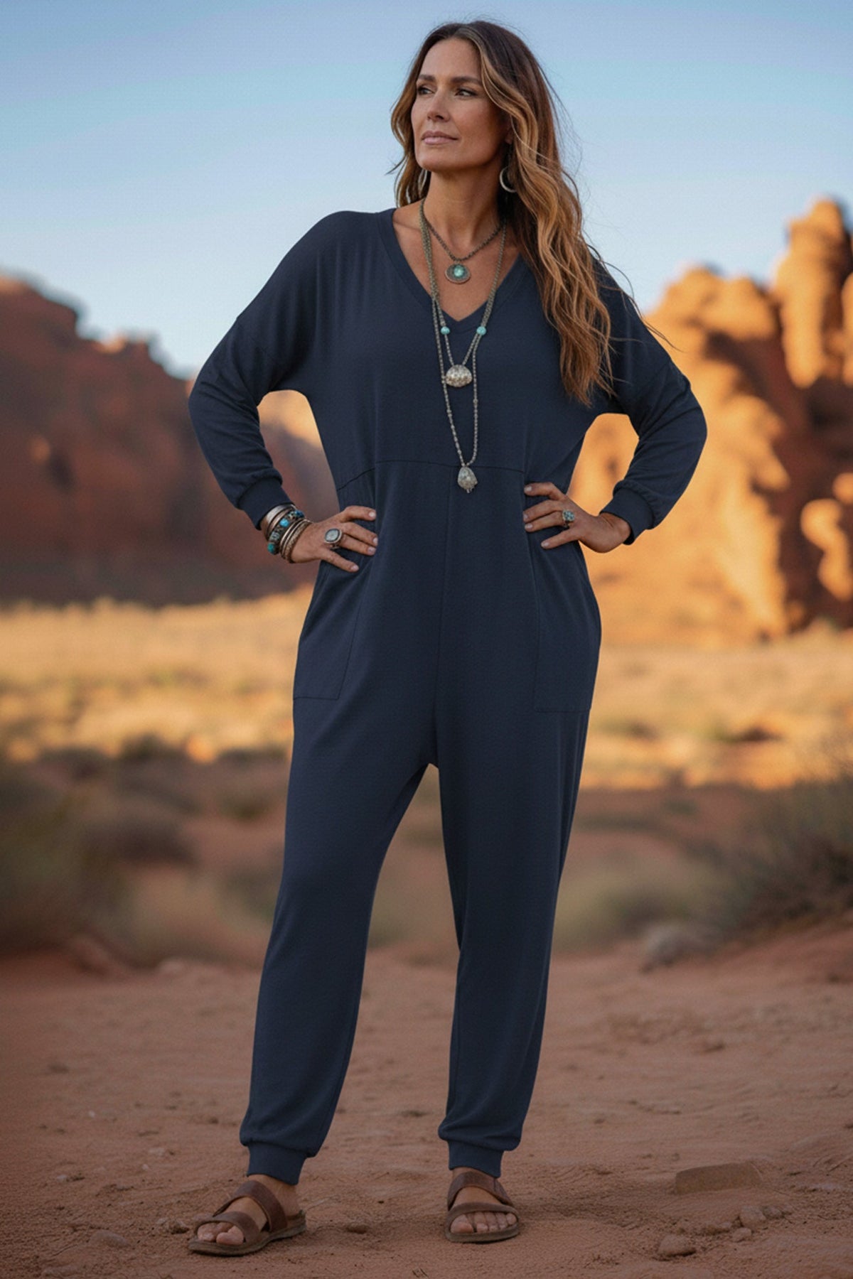 V Neck Drop Shoulder Pocket Jumpsuit