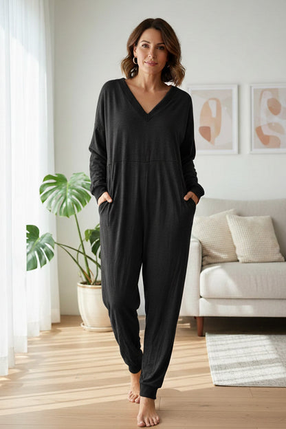 V Neck Drop Shoulder Pocket Jumpsuit