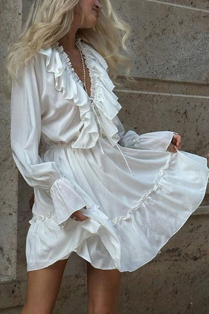 V Neck Pleated Trumpet Sleeve Ruffle Dress