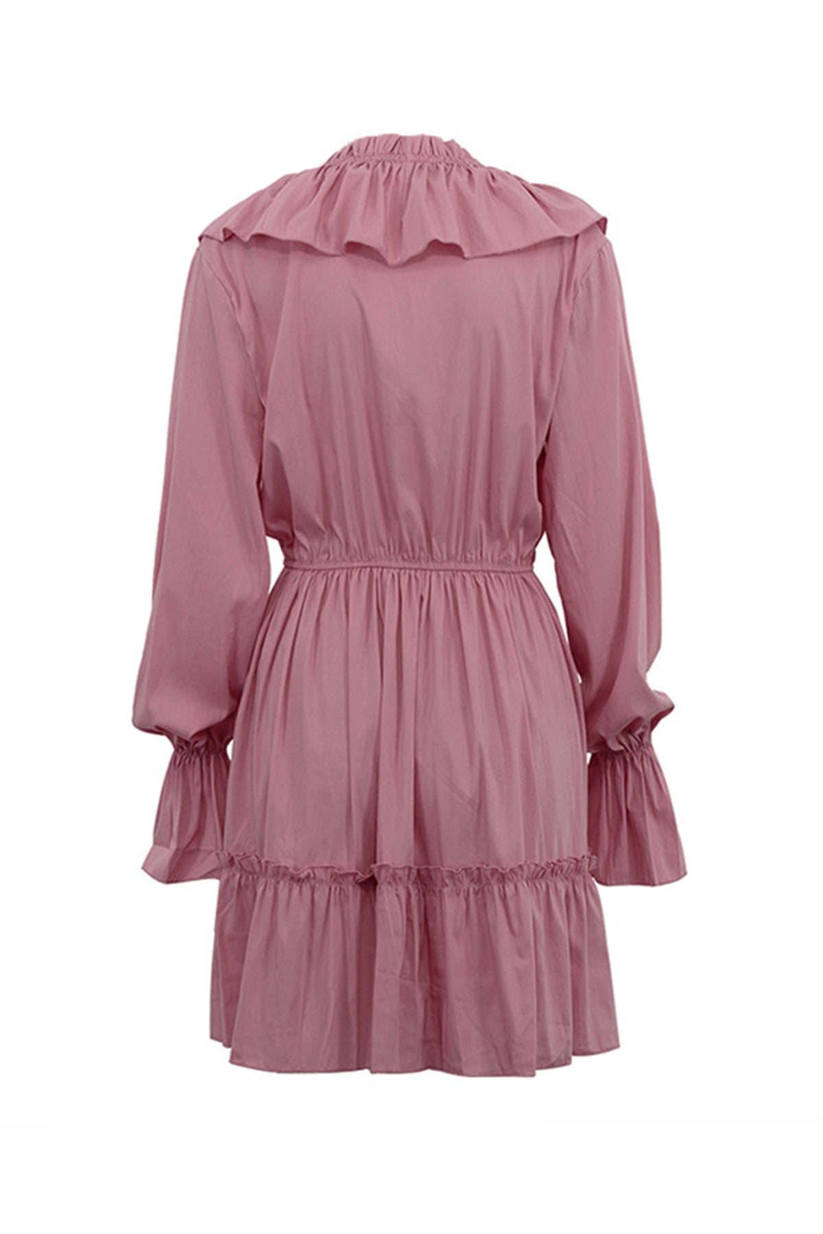 V Neck Pleated Trumpet Sleeve Ruffle Dress