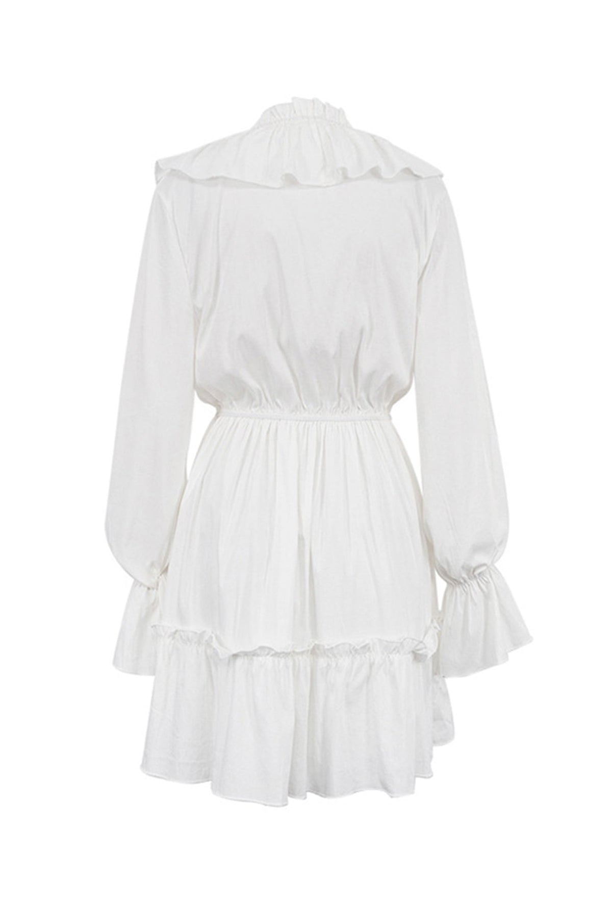 Ruffle Trim Deep V-Neck Long Sleeve Tiered Ruffle Hem Mini Dress