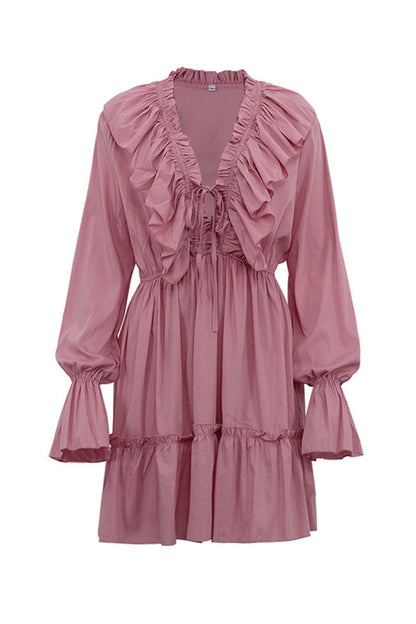 V Neck Pleated Trumpet Sleeve Ruffle Dress