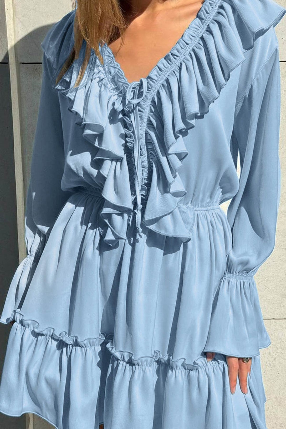 V Neck Pleated Trumpet Sleeve Ruffle Dress