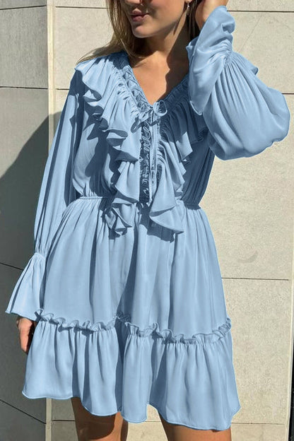 V Neck Pleated Trumpet Sleeve Ruffle Dress