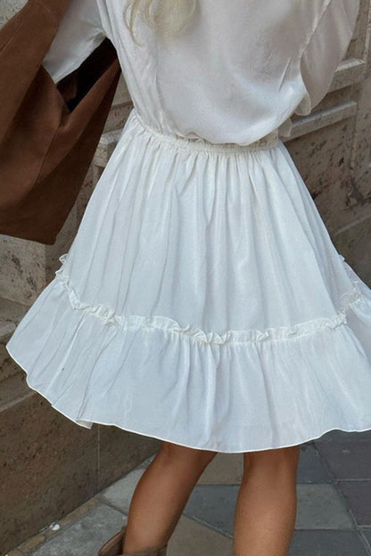V Neck Pleated Trumpet Sleeve Ruffle Dress