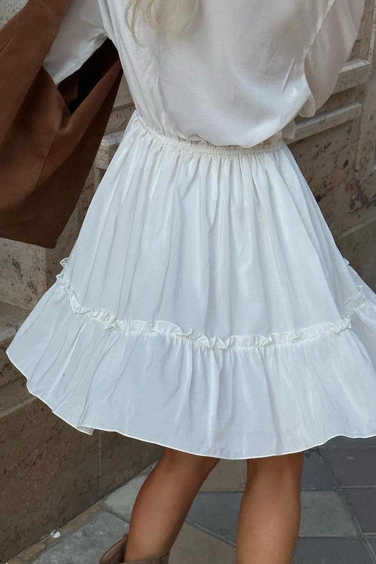 Ruffle Trim Deep V-Neck Long Sleeve Tiered Ruffle Hem Mini Dress