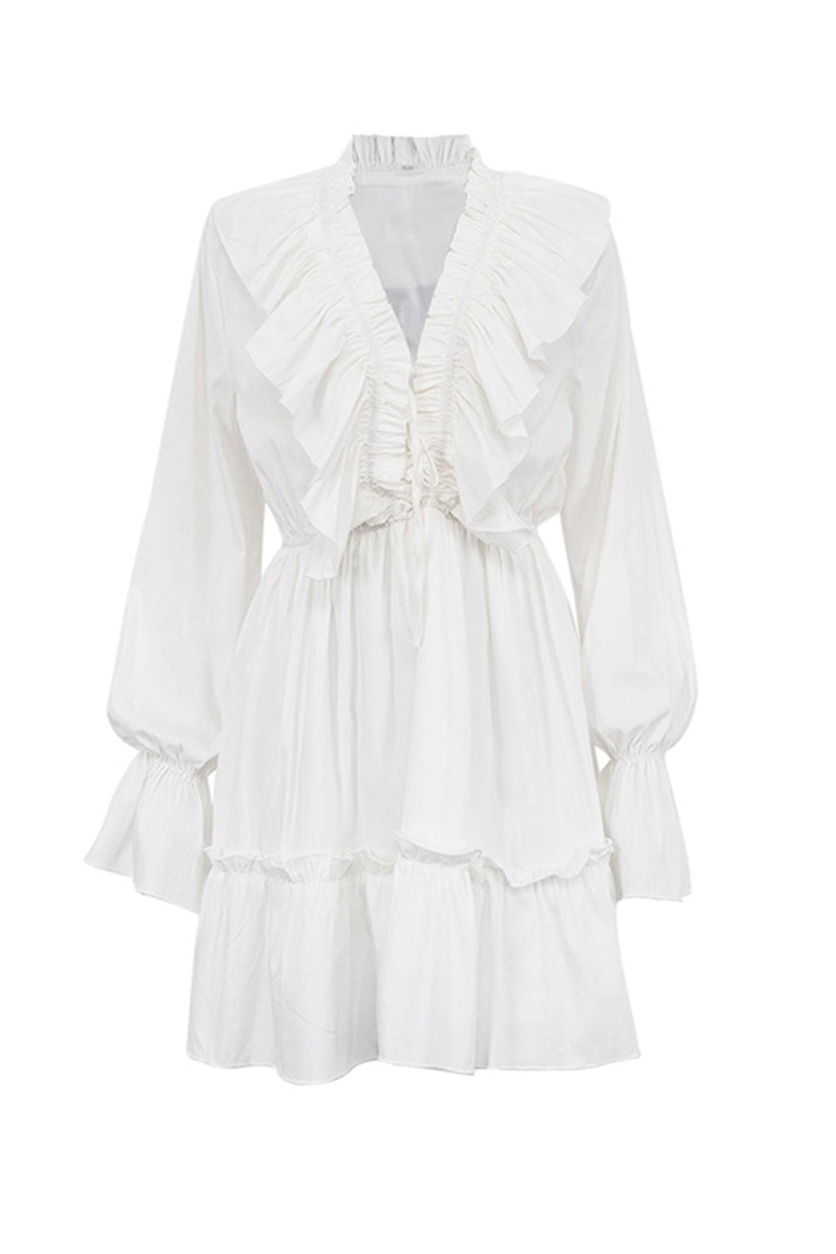 V Neck Pleated Trumpet Sleeve Ruffle Dress