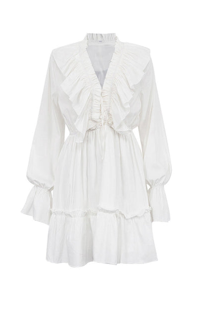 V Neck Pleated Trumpet Sleeve Ruffle Dress