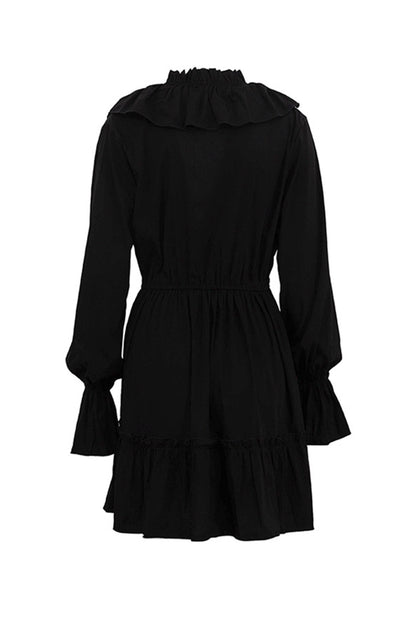 V Neck Pleated Trumpet Sleeve Ruffle Dress