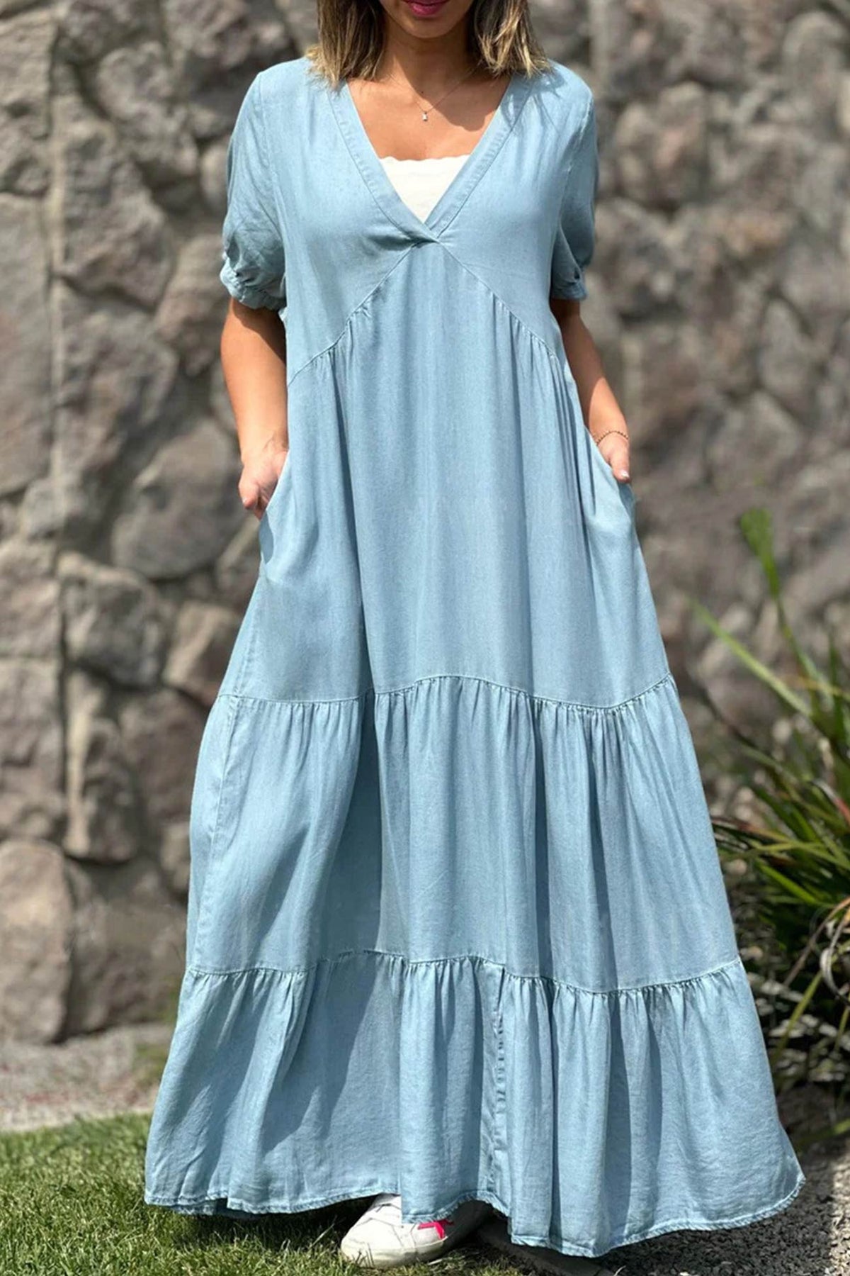 Surplice V-Neck Puff Sleeve Tiered Pocket Maxi Dress