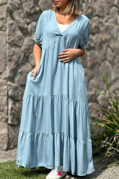 Surplice V-Neck Puff Sleeve Tiered Pocket Maxi Dress