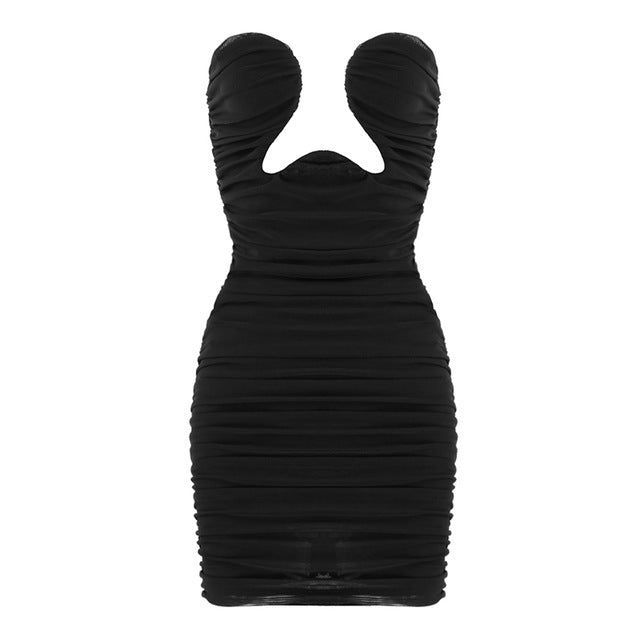 Strapless Double Cup Plunge Cutout Ruched Draped Bodycon Mini Dress