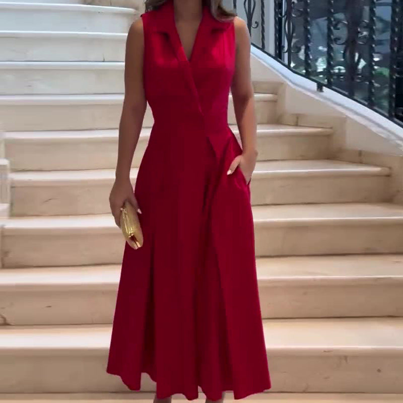 Sleeveless Notched Lapel V-Neck Wide-Leg Jumpsuit with Front Overlay
