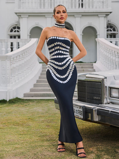 Strapless Crystal Grid Draped U-Shaped Bandage Maxi Dress with Choker