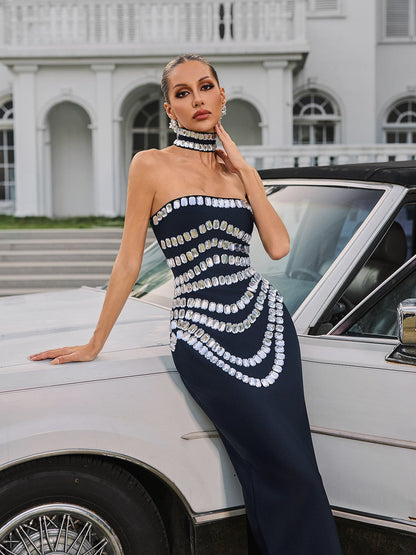 Strapless Crystal Grid Draped U-Shaped Bandage Maxi Dress with Choker