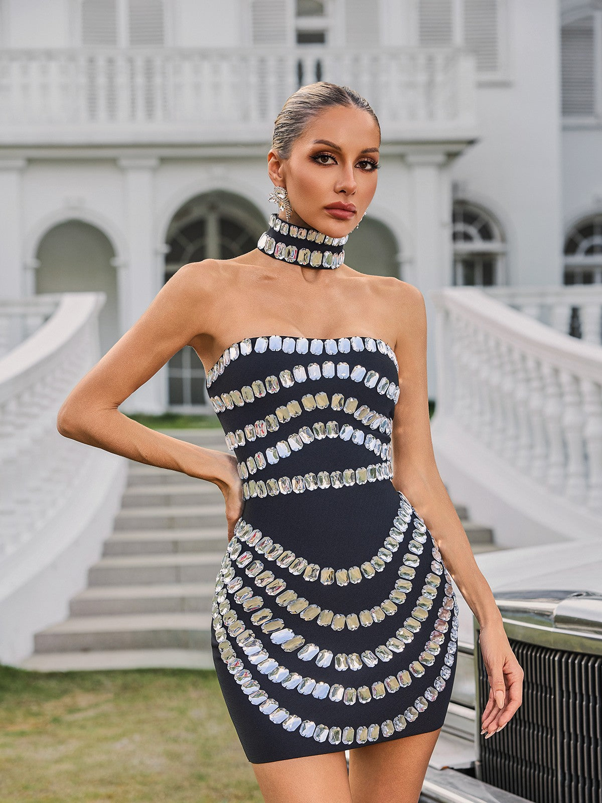 Strapless Crystal Grid Bandage Mini Dress with Choker