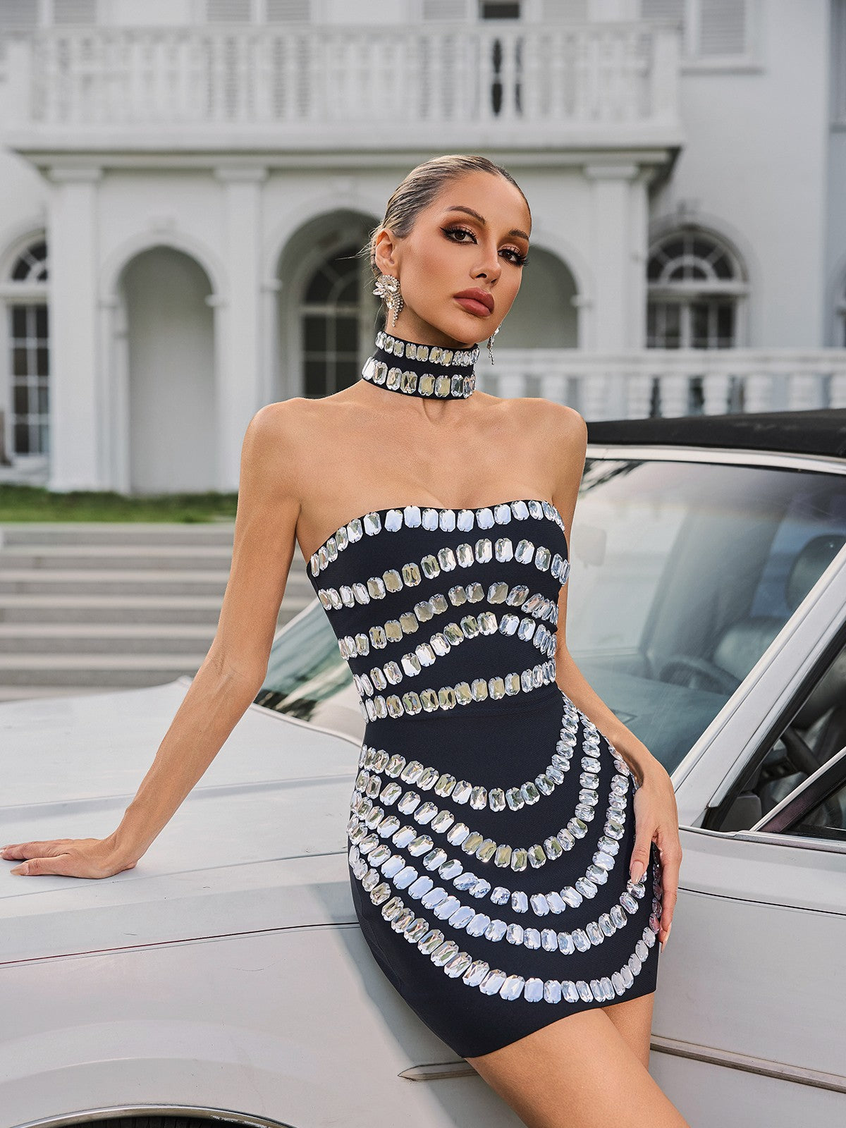Strapless Crystal Grid Bandage Mini Dress with Choker